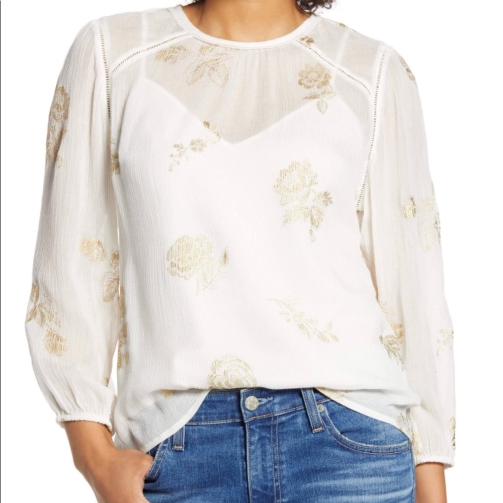 Lucky Brand Sheer White & Gold Top Sz M NWT